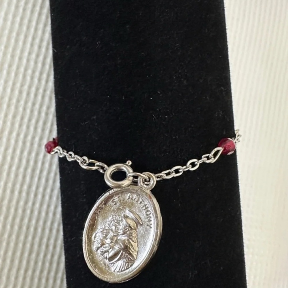 Silver Saint Anthony Medal Bracelet with Red Beads